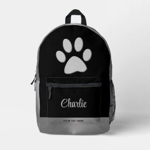 Silver Dog Paw auf schwarzem Hintergrund Bedruckter Rucksack