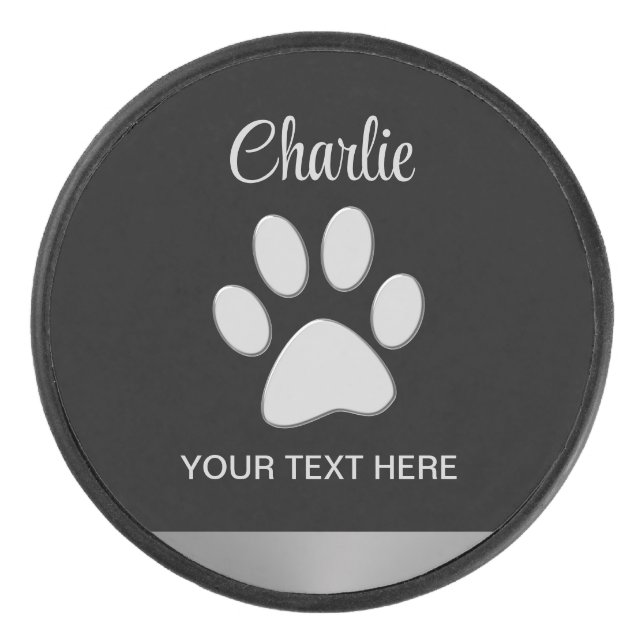 Silver Dog Paw auf schwarzem Hintergrund Eishockey Puck (Vorderseite)