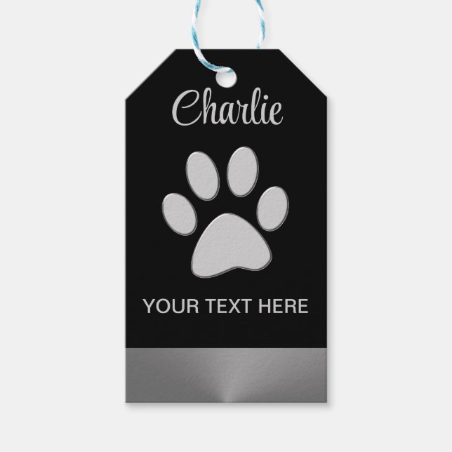 Silver Dog Paw auf schwarzem Hintergrund Geschenkanhänger (Vorderseite)