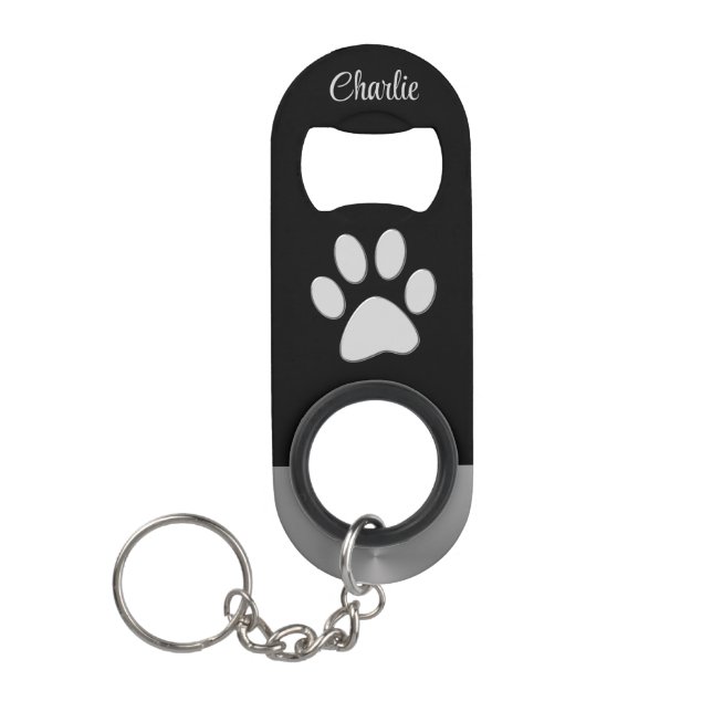 Silver Dog Paw auf schwarzem Hintergrund Mini Flaschenöffner (Vorderseite)
