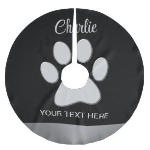 Silver Dog Paw auf schwarzem Hintergrund Polyester Weihnachtsbaumdecke