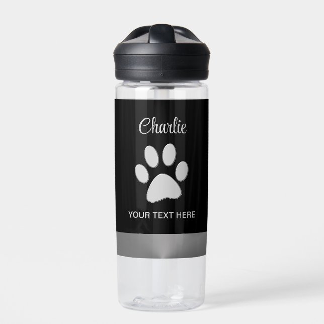 Silver Dog Paw auf schwarzem Hintergrund Trinkflasche (Vorderseite)