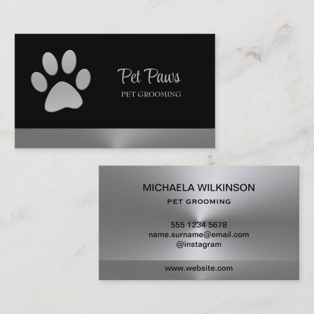 Silver Dog Paw auf schwarzem Pet Grooming Service Visitenkarte (Vorne/Hinten)