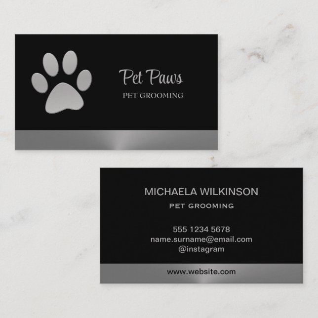 Silver Dog Paw auf schwarzem Pet Grooming Service Visitenkarte (Vorne/Hinten)