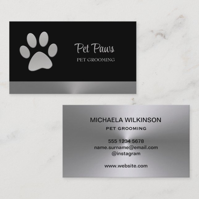 Silver Dog Paw auf schwarzem Pet Grooming Service Visitenkarte (Vorne/Hinten)