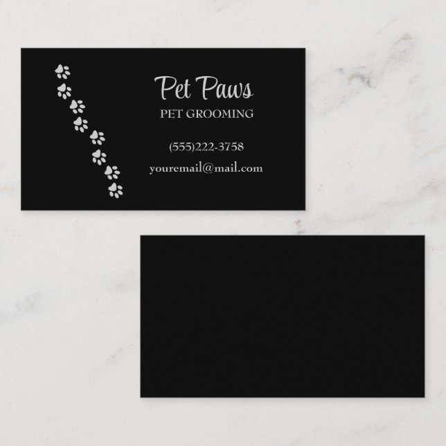 Silver Dog Paws auf schwarzen Pet Grooming Service Visitenkarte (Vorne/Hinten)