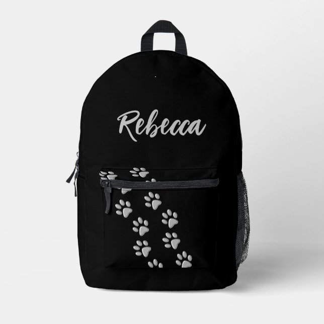 Silver Dog Paws Schwarzer Hintergrund Print Patter Bedruckter Rucksack (Vorderseite)