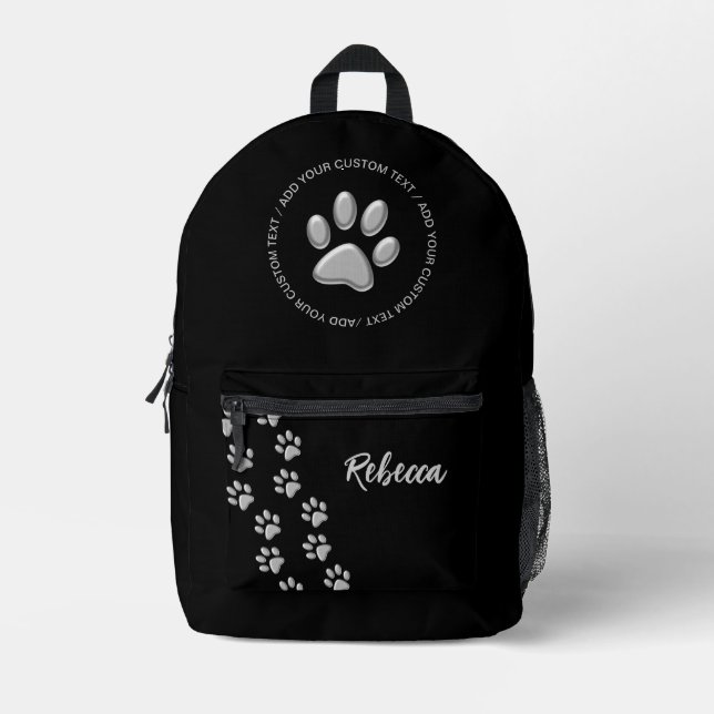 Silver Dog Paws Schwarzer Hintergrund Print Patter Bedruckter Rucksack (Vorderseite)