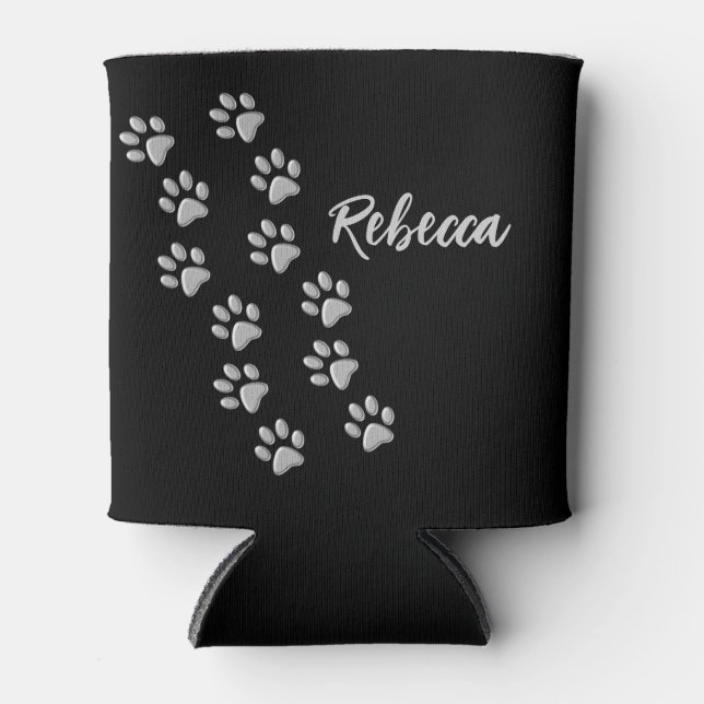 Silver Dog Paws Schwarzer Hintergrund Print Patter Dosenkühler (Vorderseite)