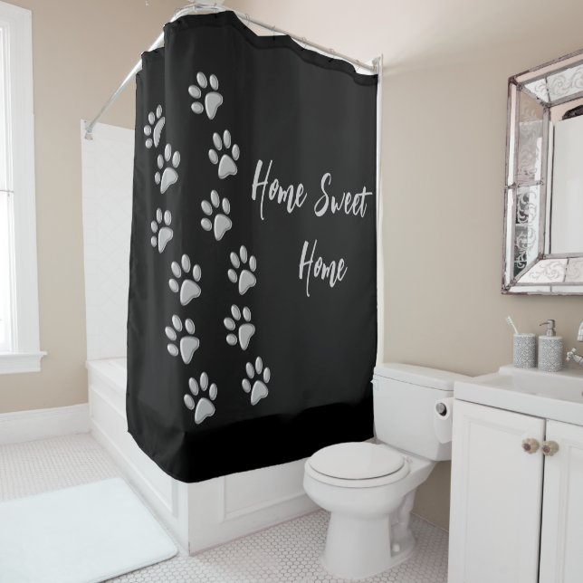 Silver Dog Paws Schwarzer Hintergrund Print Patter Duschvorhang (Beispiel)