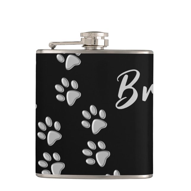 Silver Dog Paws Schwarzer Hintergrund Print Patter Flachmann (Vorderseite)