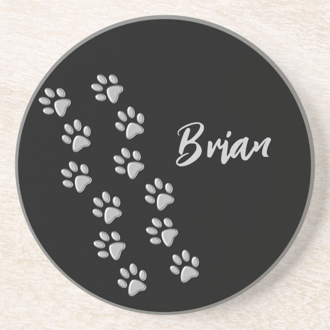 Silver Dog Paws Schwarzer Hintergrund Print Patter Getränkeuntersetzer (Vorne)