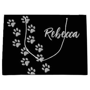 Silver Dog Paws Schwarzer Hintergrund Print Patter Große Geschenktüte