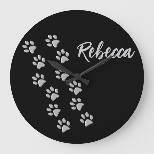 Silver Dog Paws Schwarzer Hintergrund Print Patter Große Wanduhr (Vorderseite)
