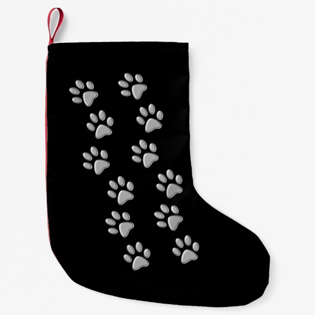 Silver Dog Paws Schwarzer Hintergrund Print Patter Kleiner Weihnachtsstrumpf (Vorderseite)