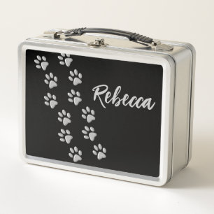 Silver Dog Paws Schwarzer Hintergrund Print Patter Metall Brotdose
