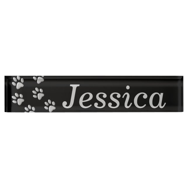 Silver Dog Paws Schwarzer Hintergrund Print Patter Namensplakette (Vorderseite)