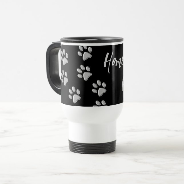 Silver Dog Paws Schwarzer Hintergrund Print Patter Reisebecher (Vorderseite Links)