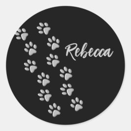 Silver Dog Paws Schwarzer Hintergrund Print Patter Runder Aufkleber