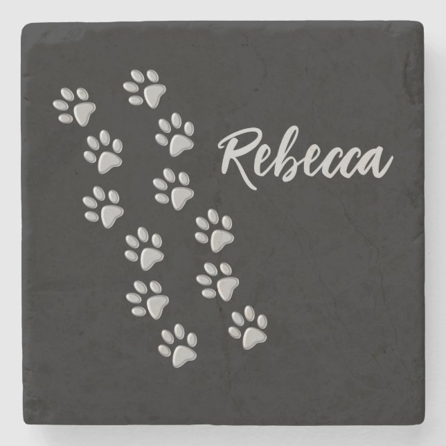 Silver Dog Paws Schwarzer Hintergrund Print Patter Steinuntersetzer (Vorderseite)