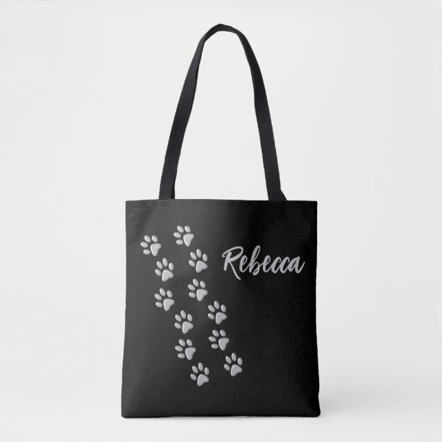 Silver Dog Paws Schwarzer Hintergrund Print Patter Tasche (Vorderseite)