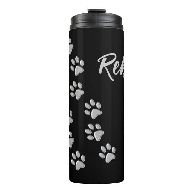 Silver Dog Paws Schwarzer Hintergrund Print Patter Thermosbecher (Vorderseite)