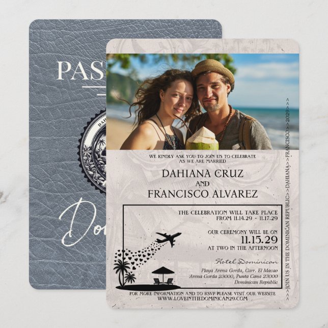 Silver Dominican Republic Passport Wedding Einladung (Vorne/Hinten)