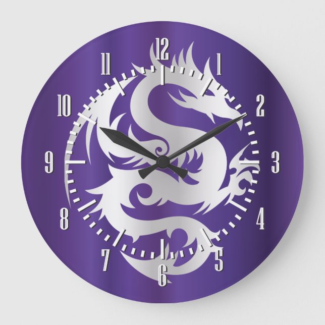 Silver Dragon on Imperial Purple Große Wanduhr (Vorderseite)