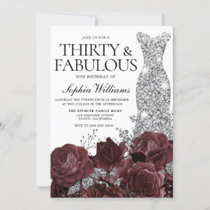 Silver Dress Burgundy Rose 30. Geburtstag Party Einladung