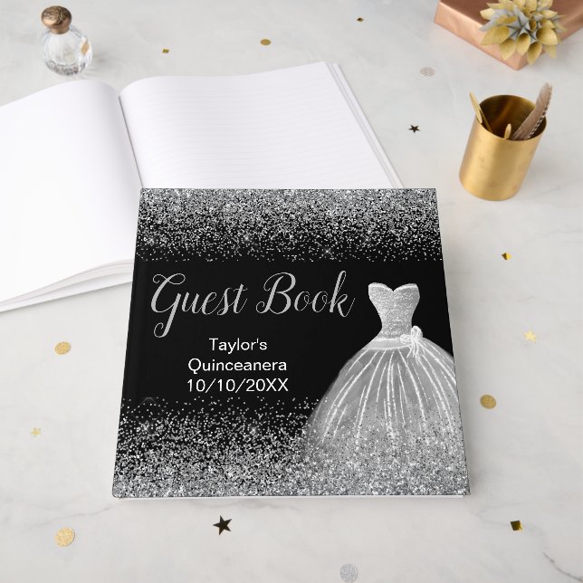 Silver Dress Faux Glitter Quinceanera Gästebuch (Vorderseite offen)