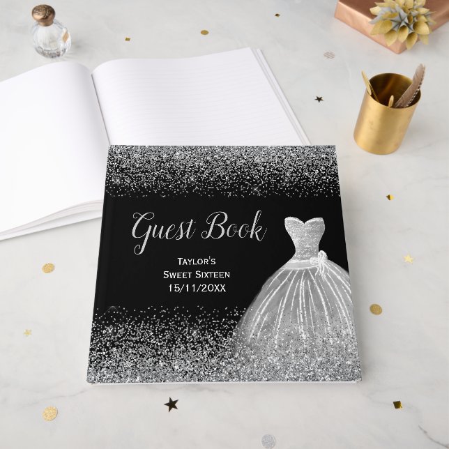 Silver Dress Faux Glitter Sweet 16  Gästebuch (Vorderseite offen)