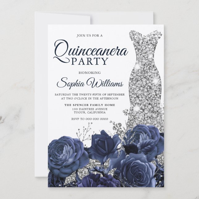 Silver Dress Gown Navy Quinceanera Party Shimmer Einladung (Vorderseite)
