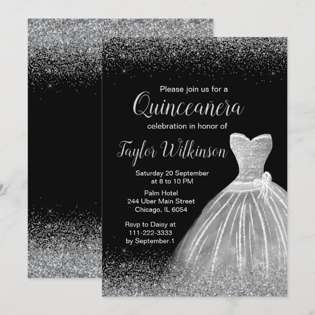 Silver Dress Imitate Glitzer Quinceanera Einladung (Vorne/Hinten)