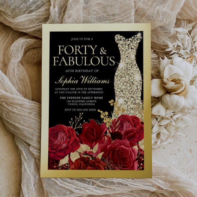 Silver Dress, Red Roses & Black 40th Birthday Gold Folieneinladung (Von Creator hochgeladen)