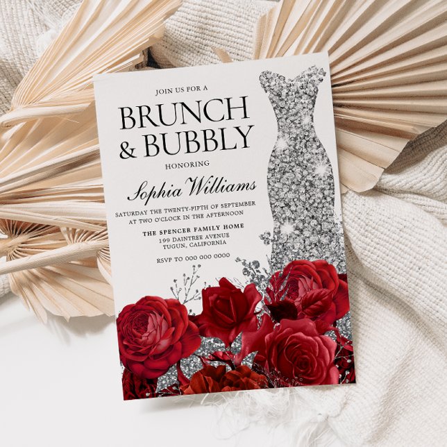 Silver Dress Rote Rose Brunch Bubbly Brautparty Einladung (Von Creator hochgeladen)