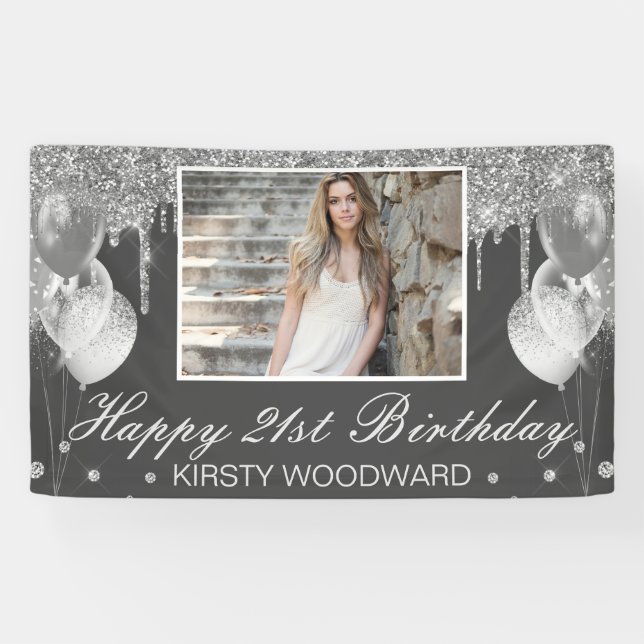 Silver Driving Glitzer mit Balloons Geburtstag Banner (Horizontal)