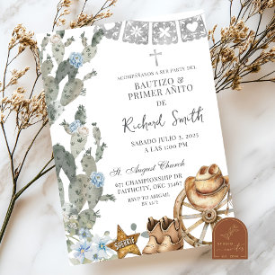 Silver Dusty Blue Cowboy Spanish Bautizo Einladung