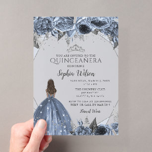 Silver Dusty Blue Floral Princess Quinceañera Acryleinladungen