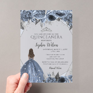 Silver Dusty Blue Floral Princess Quinceañera Acryleinladungen