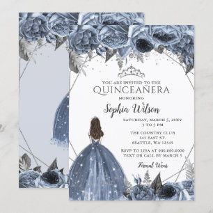 Silver Dusty Blue Floral Princess Quinceañera Einladung