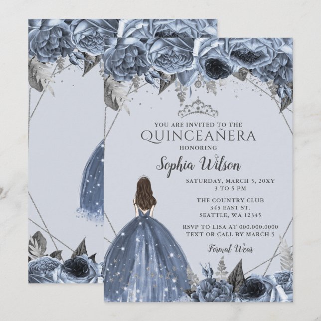 Silver Dusty Blue Floral Princess Quinceañera Einladung (Vorne/Hinten)