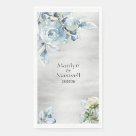Silver Dusty Blue Peony Wedding Long Dinner Napkin Serviette