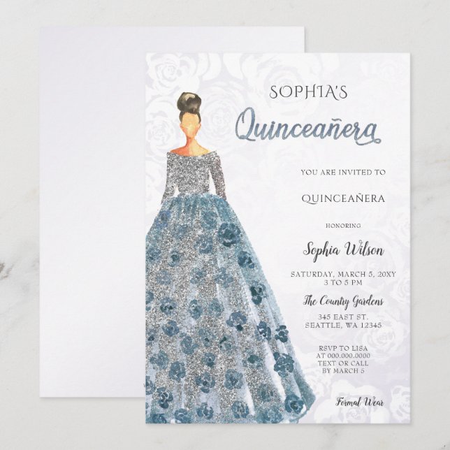 Silver Dusty Blue Sparkle Dress Quinceanera Einladung (Vorne/Hinten)