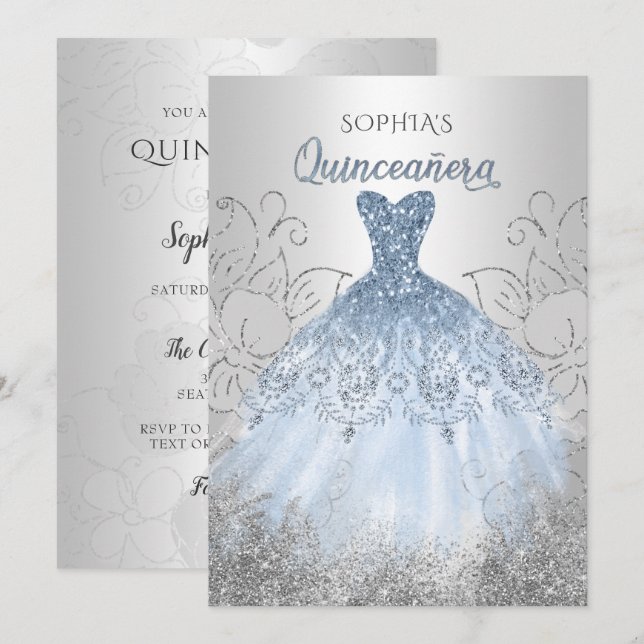 Silver Dusty Blue Sparkle Dress Quinceañera Quince Einladung (Vorne/Hinten)