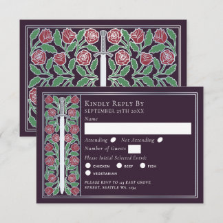 Silver Eggplant Medieval Floral Sword Wedding RSVP Karte