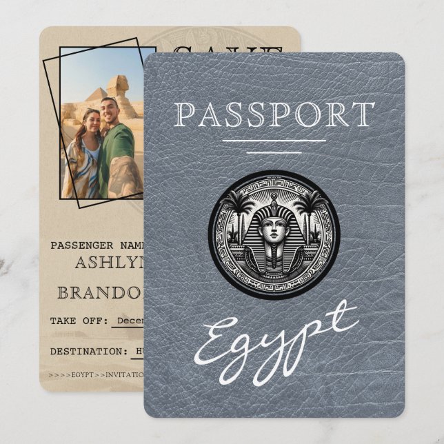 Silver Egypt Passport Wedding Save the Date (Devant / Derrière)