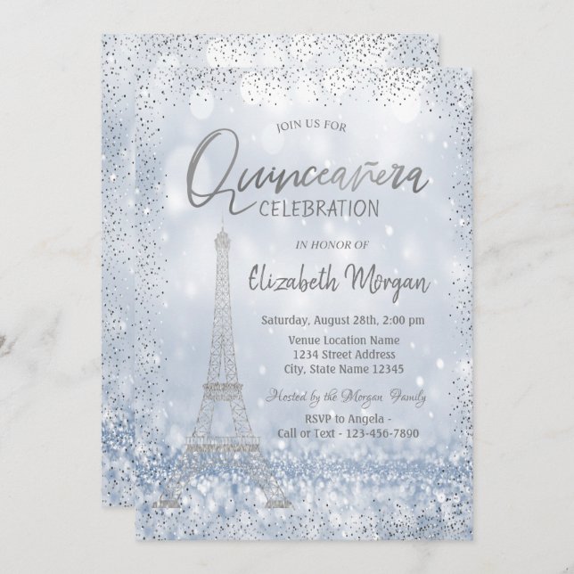 Silver Eiffel Tower Confetti Bokeh Quinceañera Einladung (Vorne/Hinten)