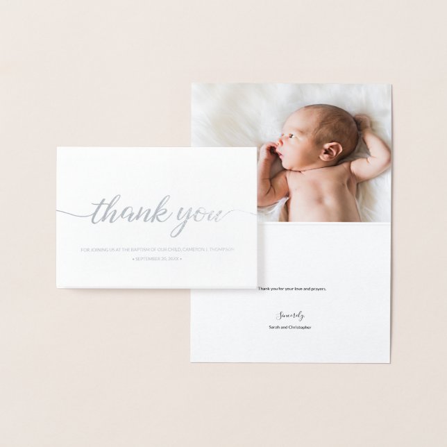 "Silver Elegance" Personalisierte Baby-Taufe Danke Folienkarte (Anzeige)