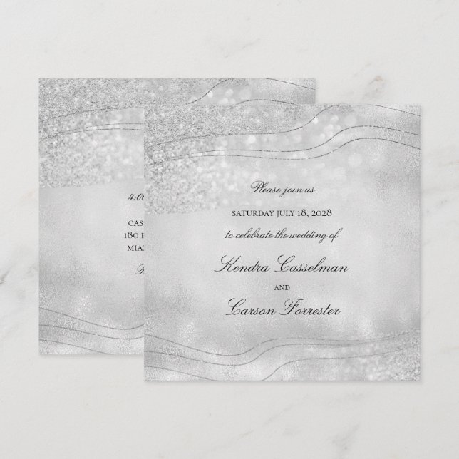 Silver Elegance Sparkling Moderner Platz Hochzeit Einladung (Vorne/Hinten)