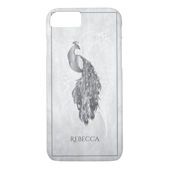 Silver Elegant Peacock Personalisiert Case-Mate iPhone Hülle (Rückseite)